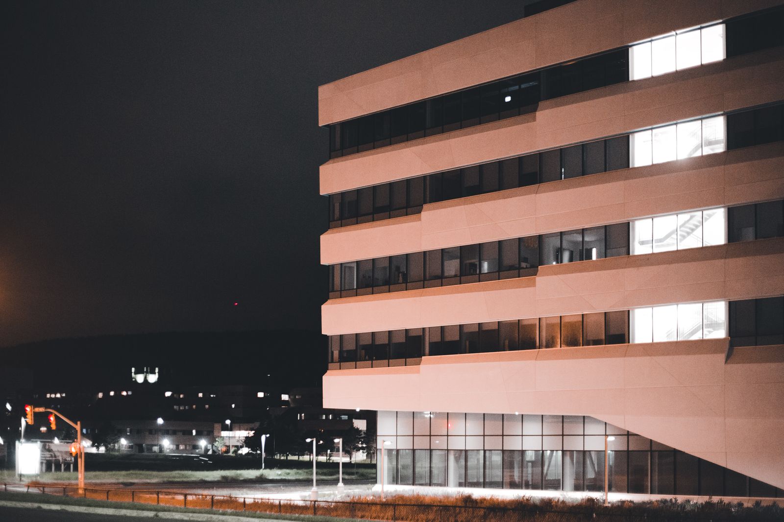 Corporate office building at night